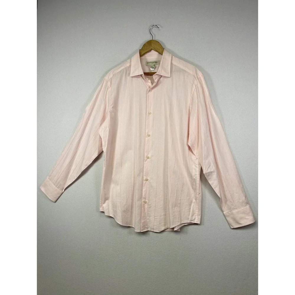 Preppy Banana Republic Mens Large Light Pink Striped‎ Cotton Button Down Shirt